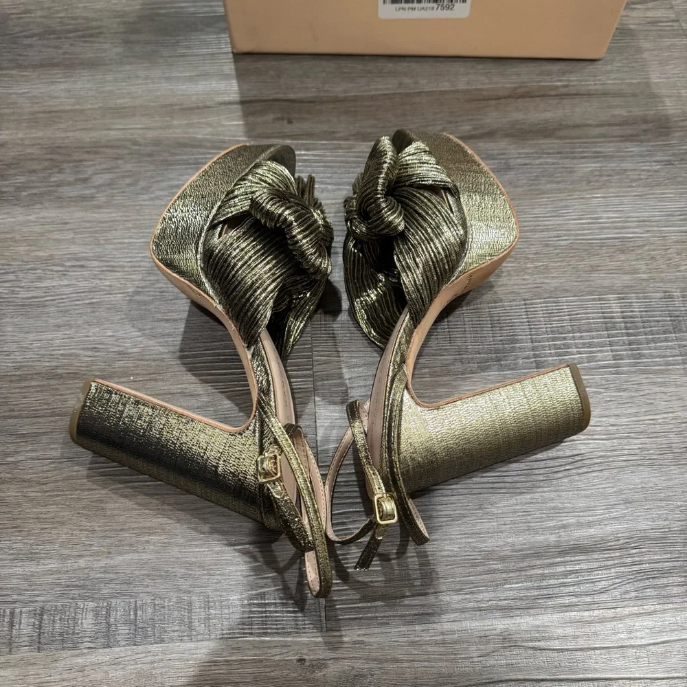 Loeffler Randall Natalia Fabric Pleated Bow Gold Platform Sandal Heels